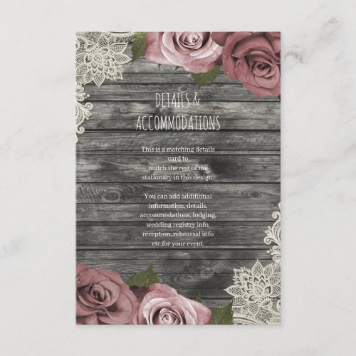 Dusty Pink Roses Grey Rustic Wedding Details Enclosure Card