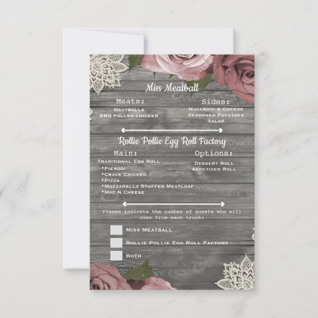 Dusty Pink Roses Grey Rustic Wood Lace Menu Insert Invitation (Front)