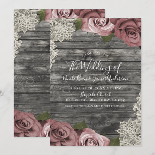 Dusty Pink Roses Grey Rustic Wood Lace Wedding Invitation