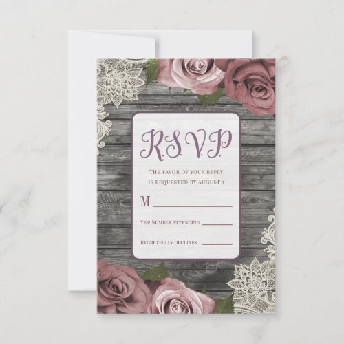 Dusty Pink Roses Grey Rustic Wood Lace Wedding RSVP Card