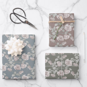 Dusty Pink Roses in Blue Gray, Taupe & Sage Green Wrapping Paper Sheets