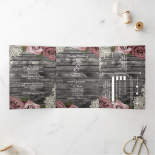 Dusty Pink Roses & Lace Rustic Grey Wood Wedding Tri-Fold Invitation