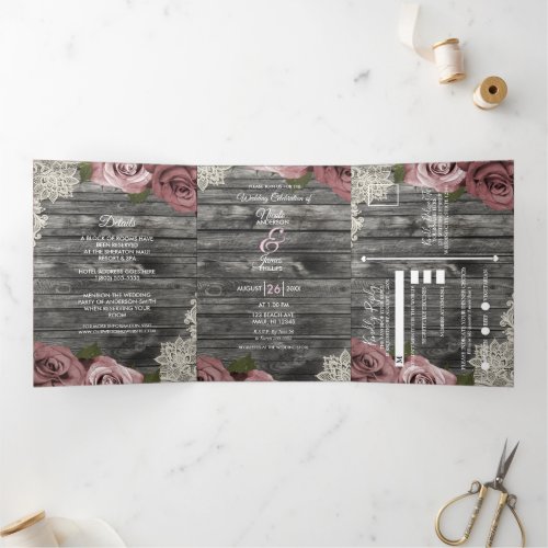 Dusty Pink Roses  Lace Rustic Grey Wood Wedding   Tri_Fold Invitation