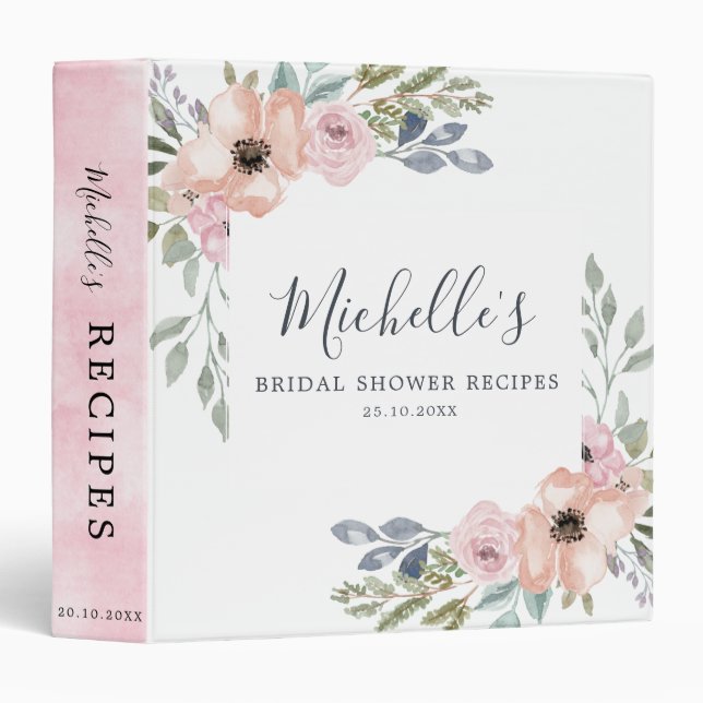 Dusty Pink Roses Midsummer Bridal Shower recipes 3 Ring Binder (Front/Spine)