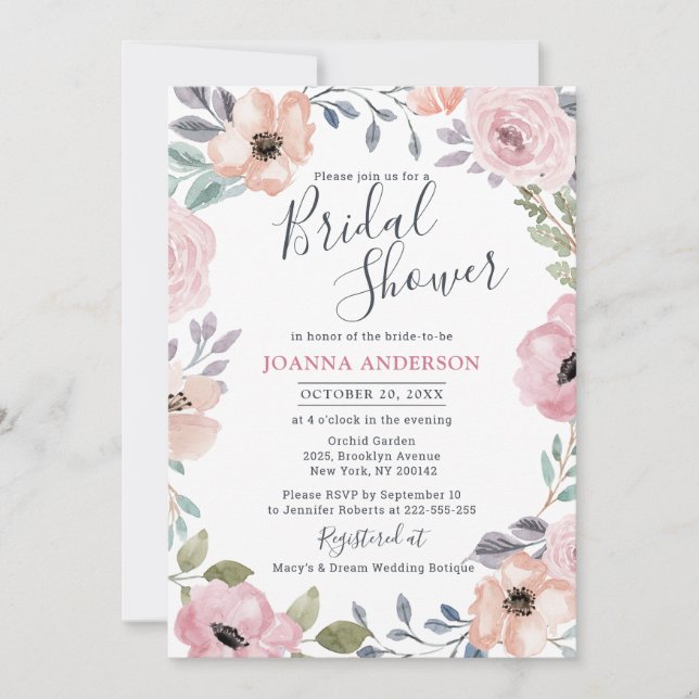 Dusty Pink Roses Midsummer Floral Bridal Shower Invitation (Front)