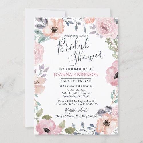 Dusty Pink Roses Midsummer Floral Bridal Shower Invitation