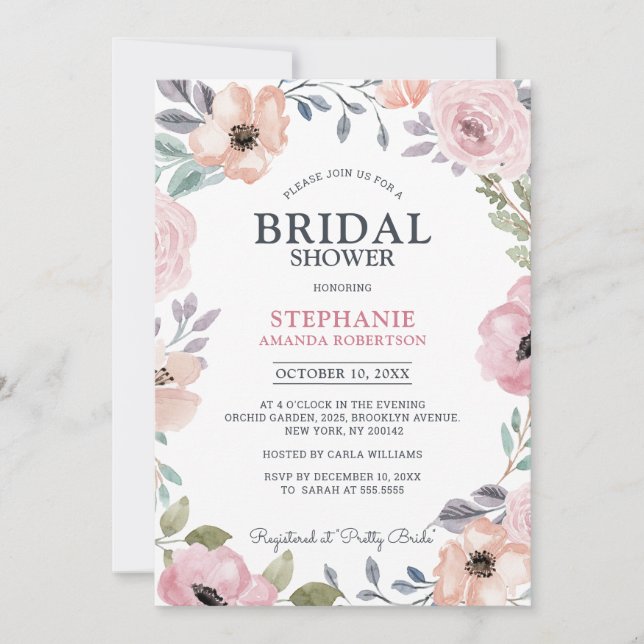 Dusty Pink Roses Midsummer Floral Bridal Shower Invitation (Front)