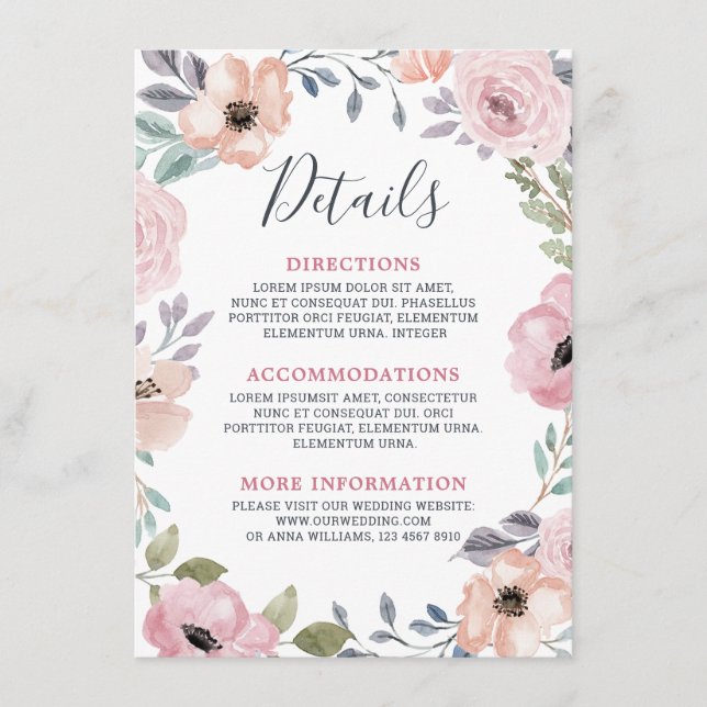 Dusty Pink Roses Midsummer Floral Wedding details Enclosure Card (Front)