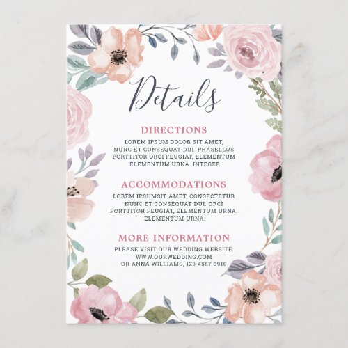 Dusty Pink Roses Midsummer Floral Wedding details Enclosure Card