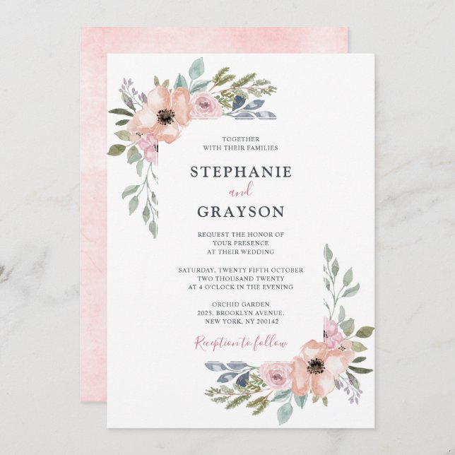 Dusty Pink Roses Midsummer Floral Wedding Invitation (Front/Back)