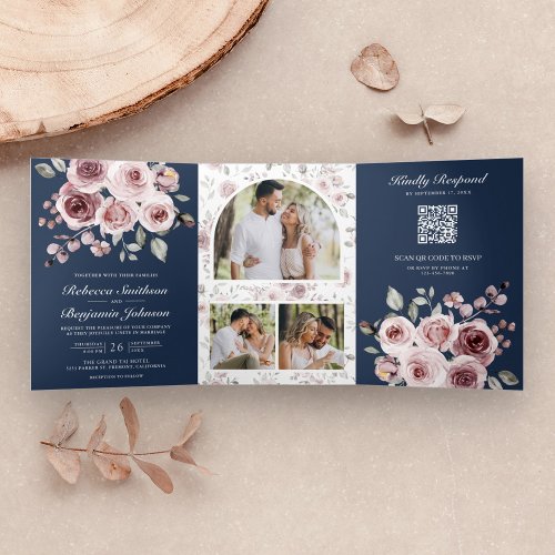 Dusty Pink Roses Navy Blue QR Code Wedding Tri_Fold Invitation