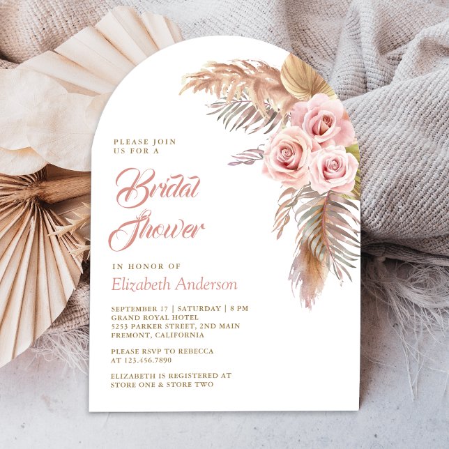 Dusty Pink Roses Pampas Grass Arch Bridal Shower Invitation (Creator Uploaded)