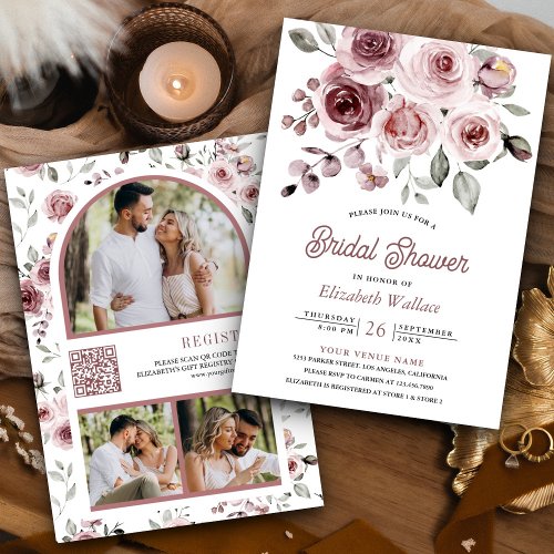 Dusty Pink Roses Photo QR Code Bridal Shower Invitation