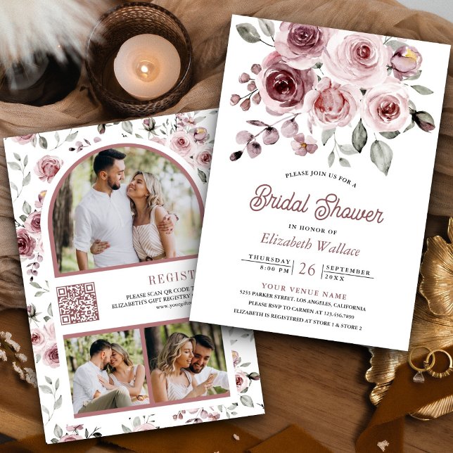 Dusty Pink Roses Photo QR Code Bridal Shower Invitation (Creator Uploaded)