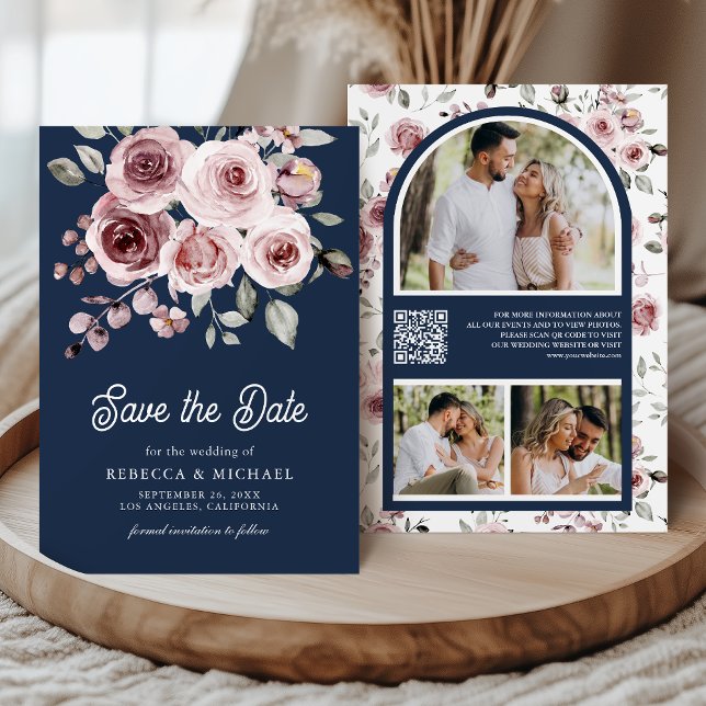 Dusty Pink Roses Photo QR Code Navy Blue Wedding Save The Date (Creator Uploaded)