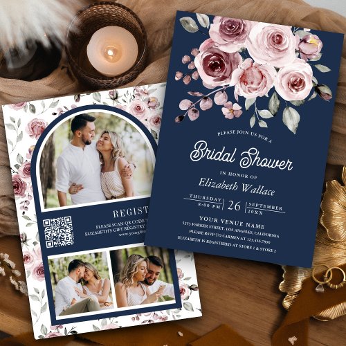 Dusty Pink Roses Photo QR Code Navy Bridal Shower Invitation