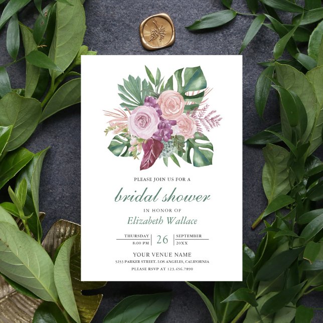 Dusty Pink Roses Tropical Monstera Bridal Shower Invitation (Creator Uploaded)