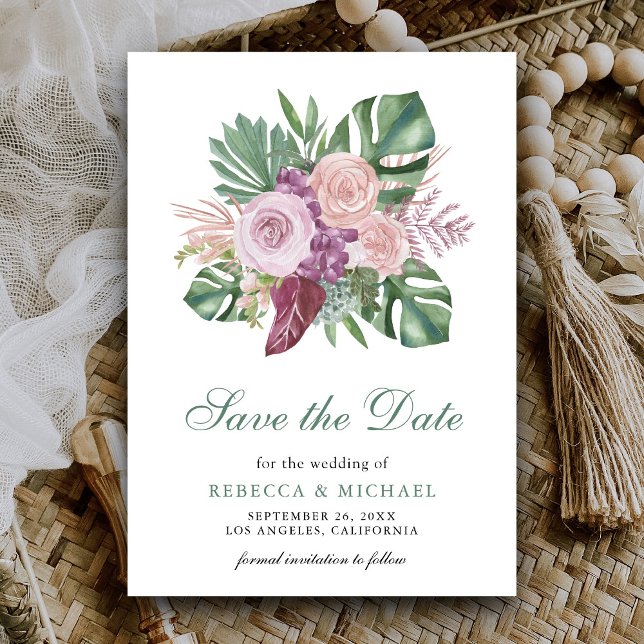 Dusty Pink Roses Tropical Monstera Wedding Save The Date (Creator Uploaded)