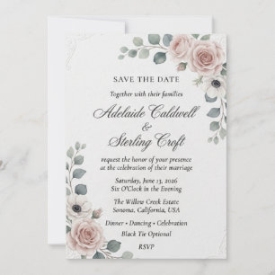 Dusty Pink Roses, White Anemones, Eucalyptus, Embo Invitation