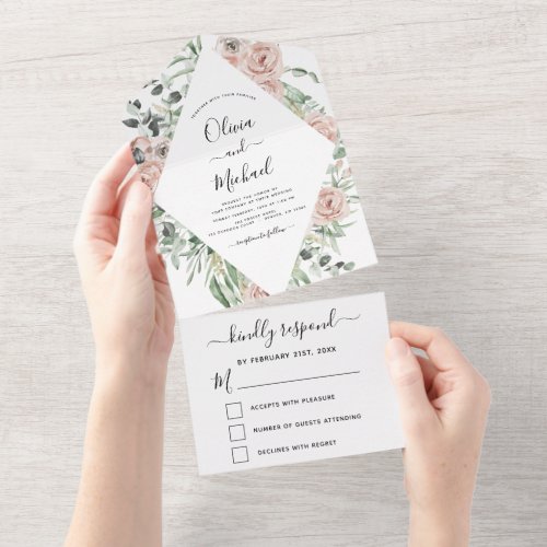 Dusty Pink _ Sage Green Floral Wedding All In One Invitation