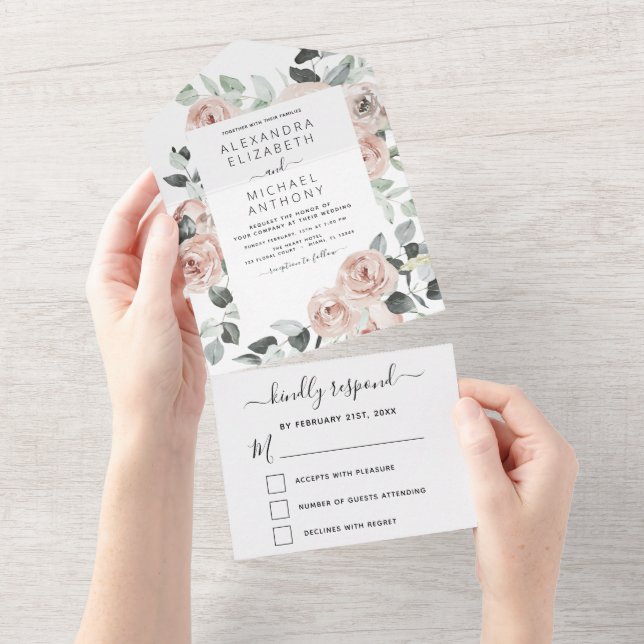 Dusty Pink - Sage Green Floral Wedding Invitation (Tearaway)