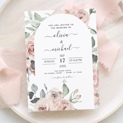 Dusty Pink Sage Green Floral Wedding Invitation