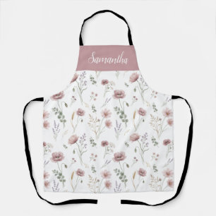 Dusty Pink Sage Green Watercolor Wildflower Apron