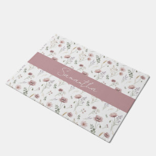 Dusty Pink Sage Green Watercolor Wildflower  Doormat