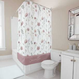 Dusty Pink Sage Green Watercolor Wildflower Shower Curtain