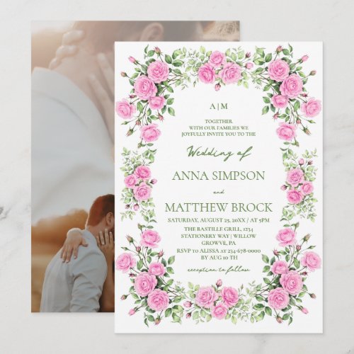 Dusty Pink & Sage Roses Elegant Floral Wedding  Invitation