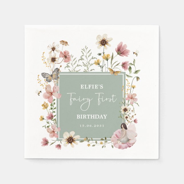 Dusty Pink Sage Wildflower Fairy 1st Birthday Napkins (Front)