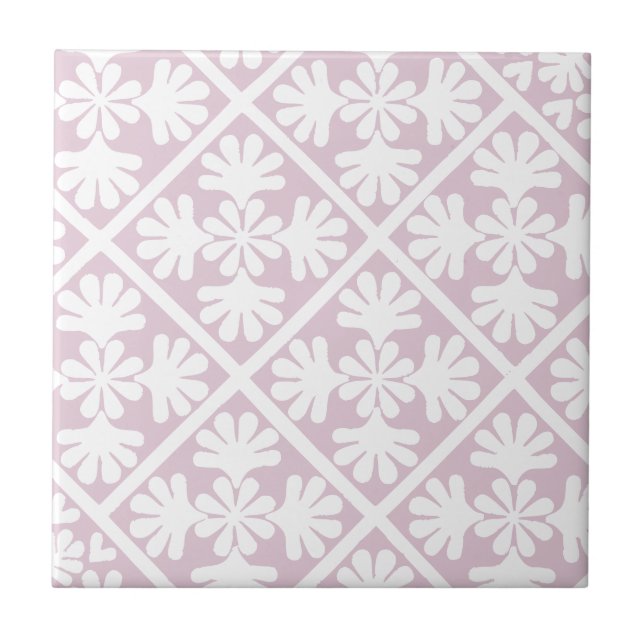 Dusty Pink Scandinavian Oak Leaf Floral Diamonds Ceramic Tile (Front)