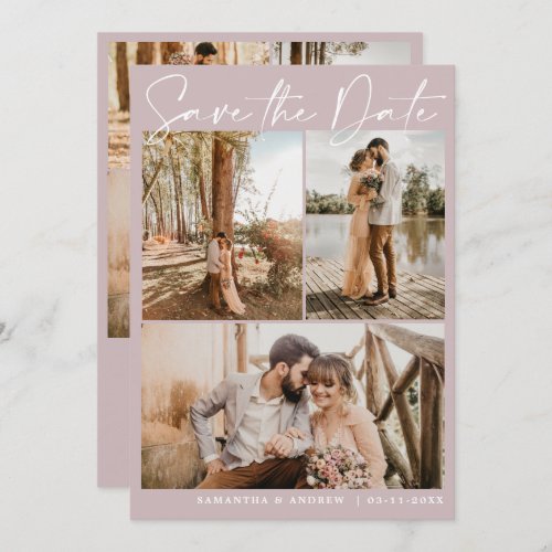 Dusty pink script 6 photo wedding save the date