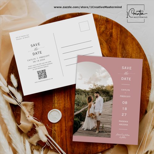 Dusty Pink Script Arch Photo QR Code Save the Date Postcard