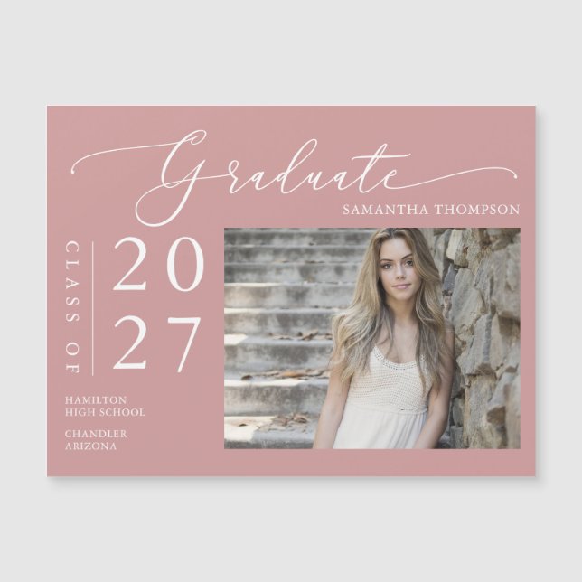 Dusty Pink Script School Graduate Photo Magnet (Front)