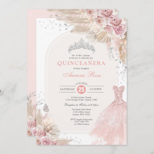 Dusty Pink Silver Boho Flower Quinceañera Dress Invitation