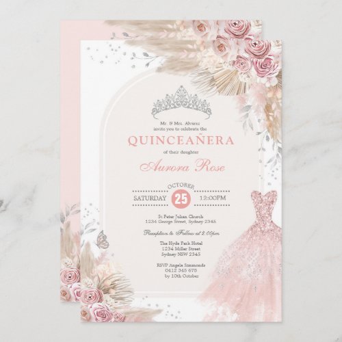 Dusty Pink Silver Boho Flower Quinceaera Dress Invitation