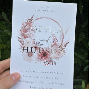 Dusty Pink Silver Foil Modern Boho Wreath Wedding Invitation