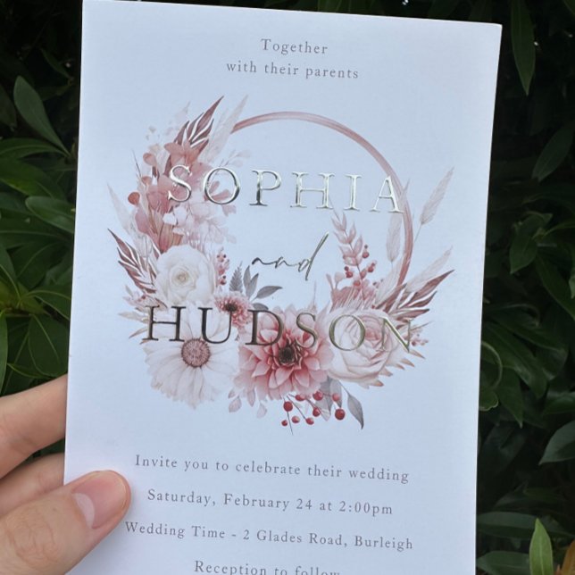 Dusty Pink Silver Foil Modern Boho Wreath Wedding Invitation (Creator Uploaded)