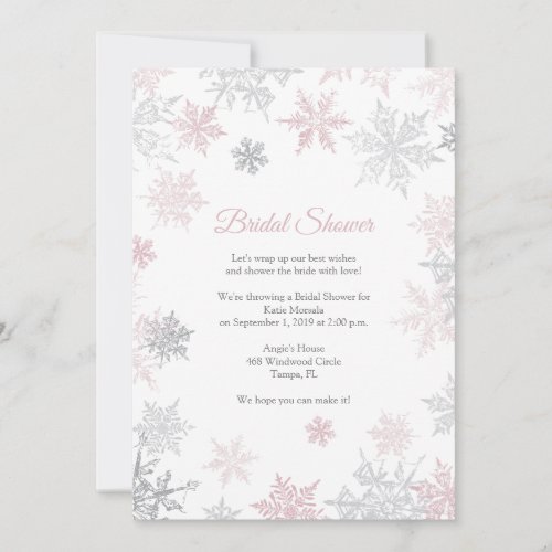 Dusty Pink  Silver Snowflake Winter Bridal Shower Invitation