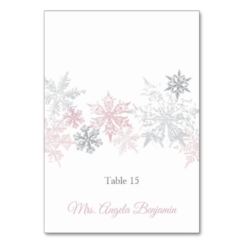Dusty Pink  Silver Snowflakes Wedding Place Card