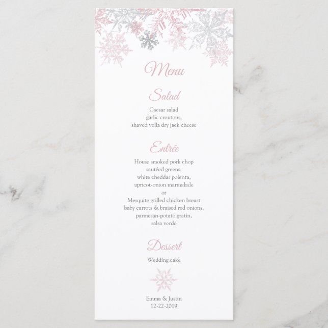 Dusty Pink & Silver Snowflakes Wedding Rackcard Menu (Front)