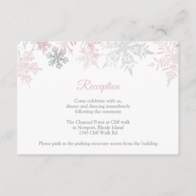 Dusty Pink & Silver Snowflakes Wedding Reception Enclosure Card (Front)