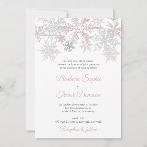 Dusty Pink  Silver Snowflakes Winter Wedding Invitation