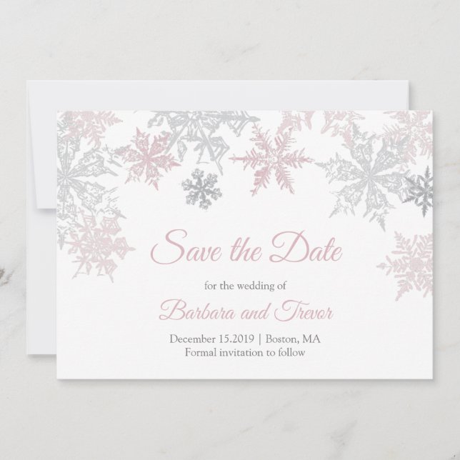 Dusty Pink & Silver Snowflakes Winter Wedding Save The Date (Front)