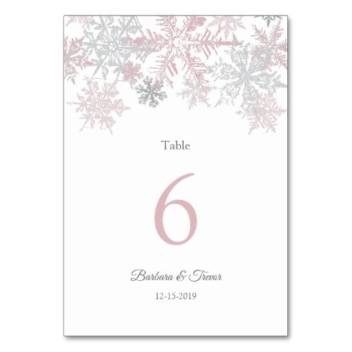 Dusty Pink  Silver Snowflakes Winter Wedding Table Number