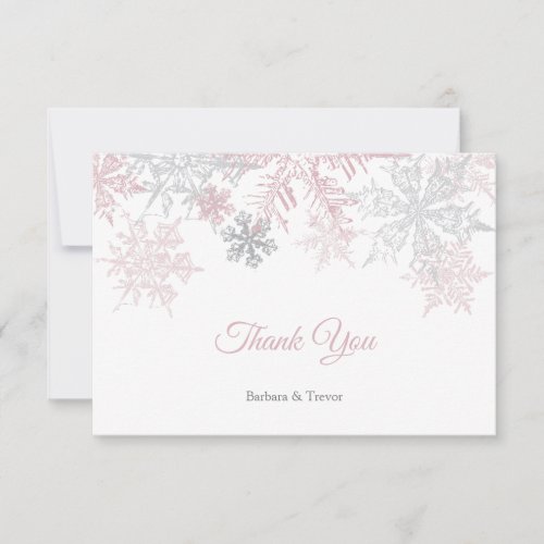 Dusty Pink  Silver Snowflakes Winter Wedding Thank You Card