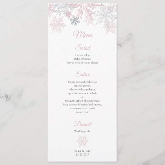 Dusty Pink & Silver Snowflakes Winter Wonderland Menu (Front)