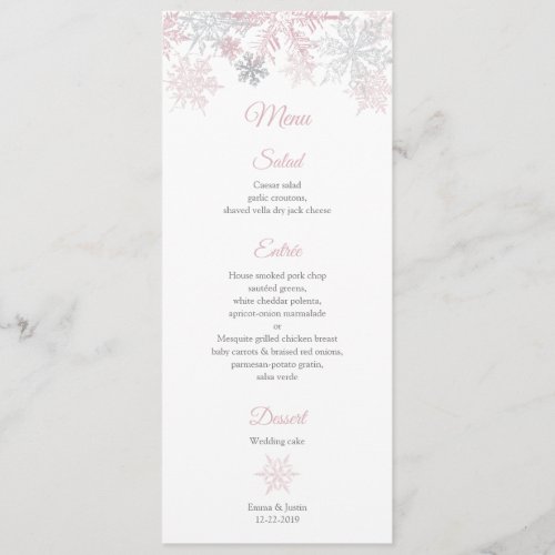 Dusty Pink  Silver Snowflakes Winter Wonderland Menu