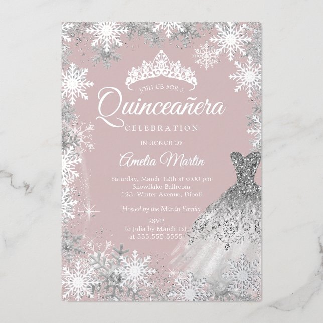 Dusty Pink Silver Winter Snowflake Quinceanera Foil Invitation (Front)